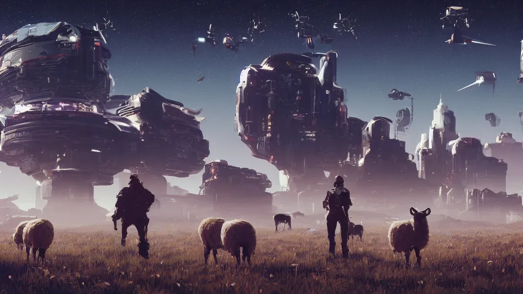 Image similar to Cyberpunk cowboys herding sheep in a No Man's Sky landscape