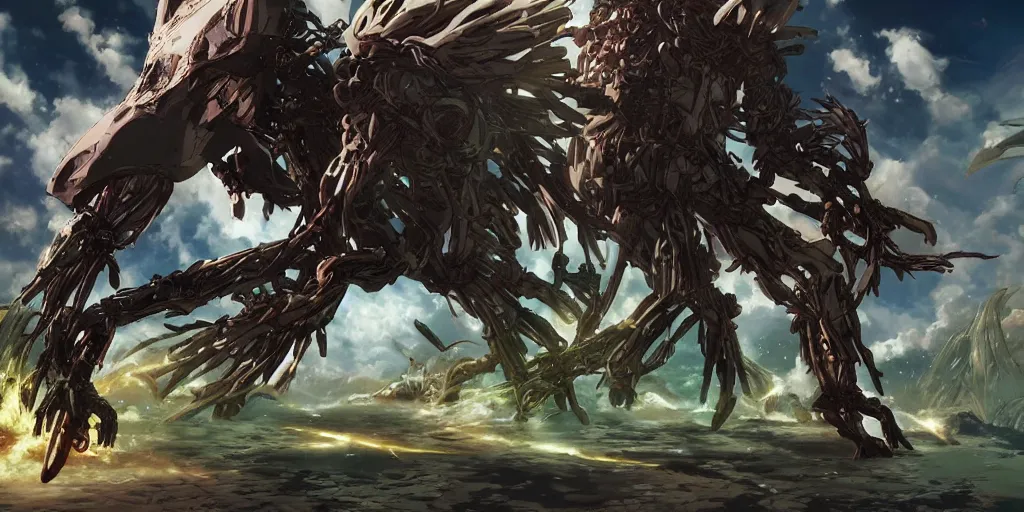 Image similar to sci - fi anime exoskeleton creature fighting the ancient tree god on a vast desert island, cinematic, high fantasy, maximalist, epic