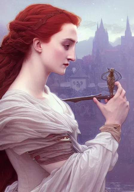 Image similar to sansa stark on sanset, intricate, elegant, highly detailed, digital painting, artstation, concept art, smooth, sharp focus, illustration, art by artgerm and greg rutkowski and alphonse mucha and william - adolphe bouguereau