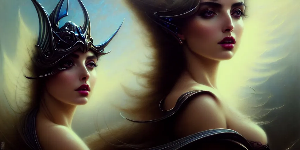 Prompt: closeup portrait shot of a beautiful ana de armas, fallen angel, evil, fancy, luxurious, elegant, sharp focus, warframe, illustration, thomas kinkade, tomasz alen kopera, peter mohrbacher, donato giancola, leyendecker, boris vallejo, john howe, da vinci, beautiful ethereal landscape in the background