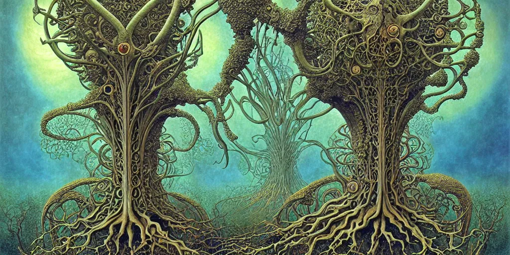 Image similar to tree of life by roger dean and andrew ferez, art forms of nature by ernst haeckel, divine chaos engine, symbolist, visionary, art nouveau, botanical fractal structures, organic, detailed, realistic, surreality