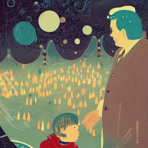 Image similar to a son admiring his father, joyful, illustration by victo ngai, studio muti, malika favre