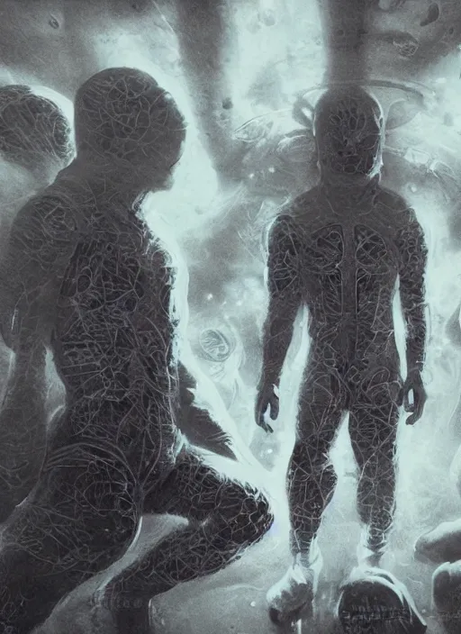 Image similar to astronauts in dark and empty void underwater - complex and hyperdetailed technical suit. reflection and dispersion materials. rays and dispersion of light. volumetric light. 5 0 mm, f / 3 2. noise film photo. flash photography. ultra realistic, wide angle. poster by wayne barlowe, hajime sorayama aaron horkey, craig mullins