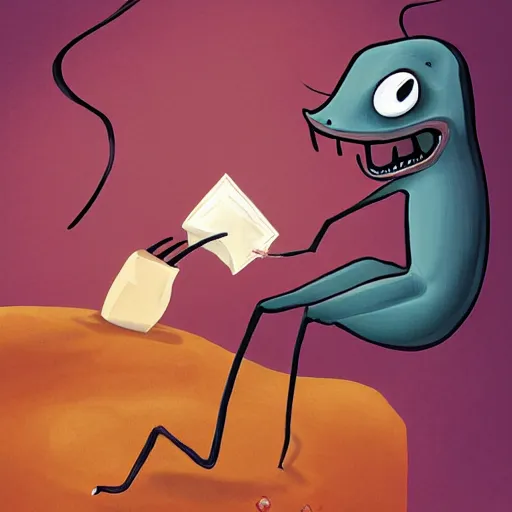 Image similar to cartoon vampire ant with big teeth, painted in the style of a cozy mystery book cover