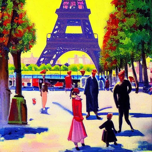 Image similar to A sunny day in modern Paris, colorful painting by Charles Blondin