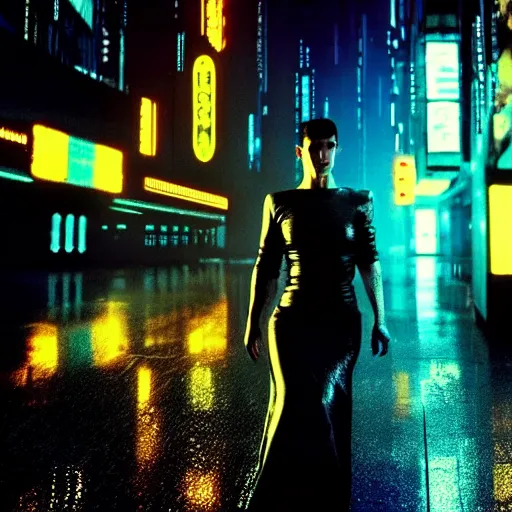 Prompt: jennifer connelly starring in a cyberpunk movie in a distopic futuristic city in the style of bladerunner, movie still, highly detailed, rainy night, volumetric lights, dramatic, scifi, sharp focus, medium shot