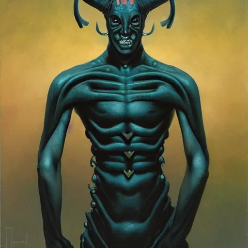 Image similar to portrait of a humanoid with horns, cyan skin and completely black eyes, by gerald brom