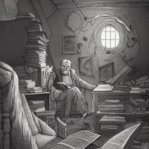 Prompt: a professor looking at stuff, higly detailed, dimm light, award - winning illustration, mystic