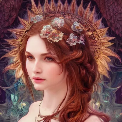 Image similar to a photograpic portrait of a pretty woman, angel, fantasy, intricate, elegant, highly detailed, digital painting, artstation, concept art, smooth, sharp focus, illustration, art by artgerm and h r giger and alphonse mucha