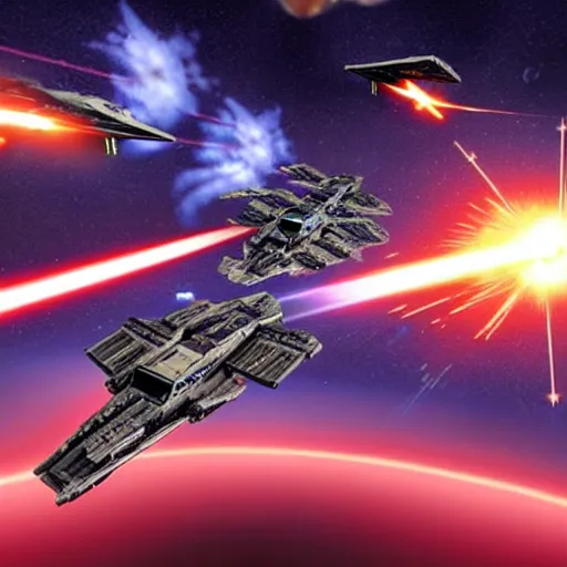 Prompt: Battle between an Imperial Star Destroyer and X-Wing fighters shooting lasers at eachother, the battle takes place inside the atmosphere of a planet