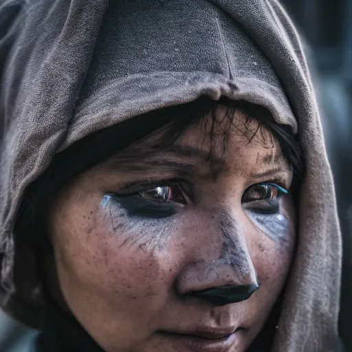 Image similar to photographic portrait of a poor techwear woman holding back tears, a futuristic shanty town burns in the background, closeup, sigma 85mm f/1.4, 4k, depth of field, high resolution, 4k, 8k, hd, full color