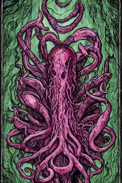 Prompt: flesh eating plant eldritch horror cthulhu, concept art, digital art, tarot card