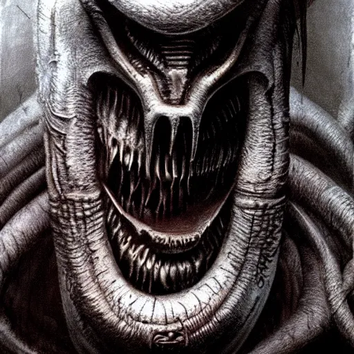 Prompt: Concept art. Alien monster. Terrifying. Dark. Smokey. Bone. Ash. Teeth. Art by HR Giger. Extremely detailed. 4K.