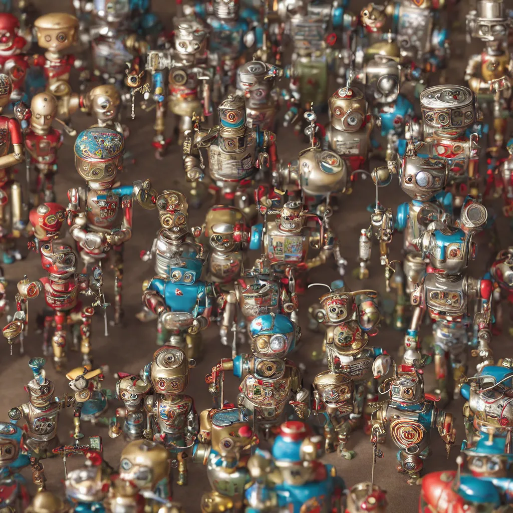 Image similar to closeup portrait of tin toy soldiers retro living room of robot family, depth of field, zeiss lens, detailed, centered, fashion photoshoot, by nicoletta ceccoli, mark ryden, lostfish, breathtaking, 8 k resolution, extremely detailed, beautiful, establishing shot, artistic, hyperrealistic, octane render, - h 8 0 4