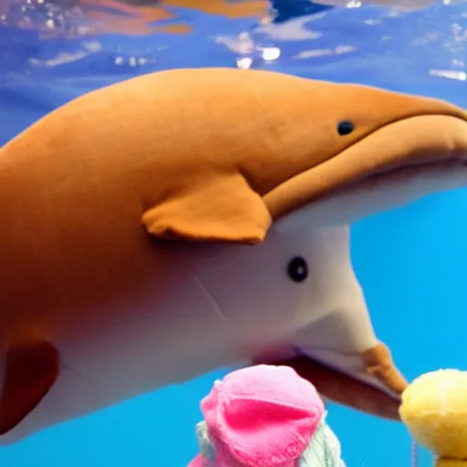 Image similar to a plush doll of a happy dolphin, 8 k