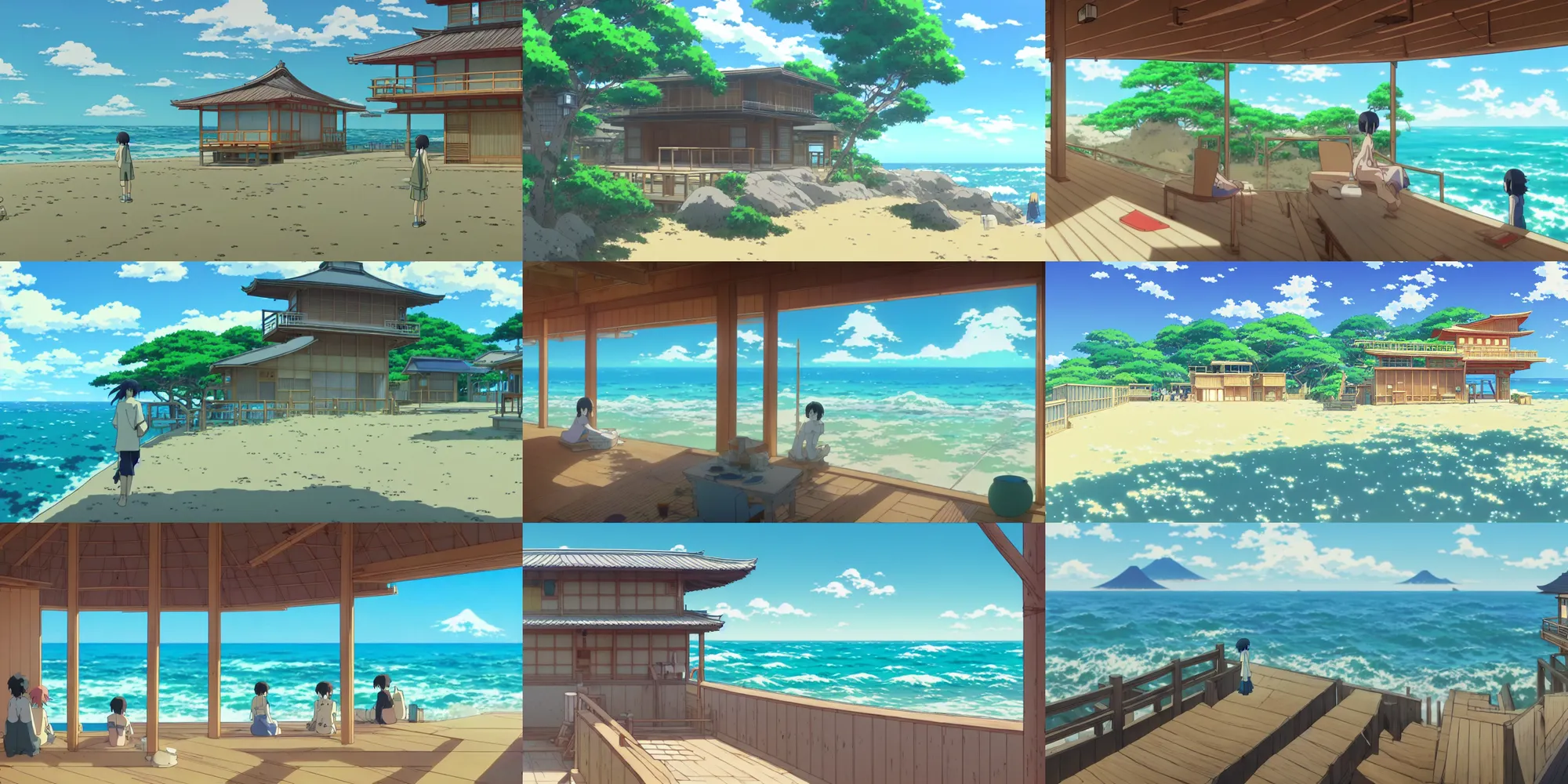 Image similar to a japanese beach house near the ocean, screenshot from the anime film by Makoto Shinkai and studio ghibli