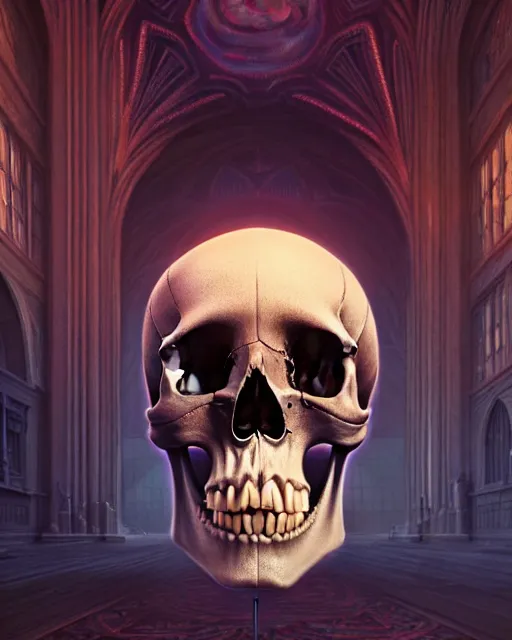 Image similar to highly detailed surreal vfx portrait of a skull in a great hall, stephen bliss, unreal engine, greg rutkowski, loish, rhads, beeple, makoto shinkai and lois van baarle, ilya kuvshinov, rossdraws, tom bagshaw, alphonse mucha, global illumination, detailed and intricate environment