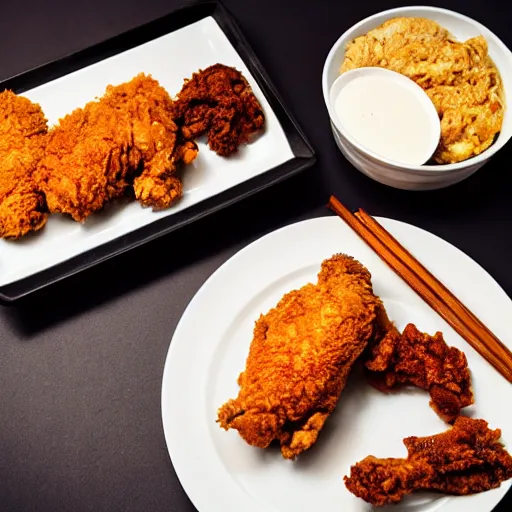 Image similar to A delicious plate of fried chicken, KFC, food photography, michelin star