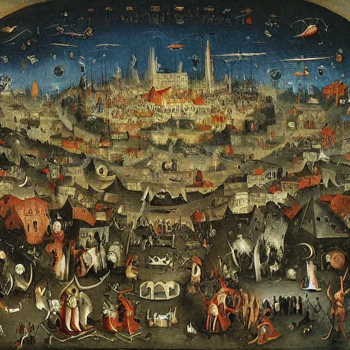 Prompt: a city in chaos painting by heirnonymus Bosch