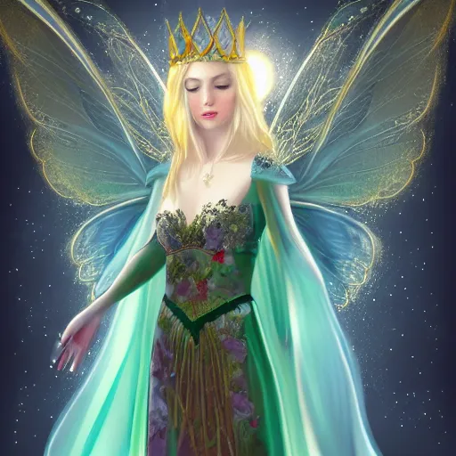 Prompt: a fairy queen with wings wearing a magic silk and lace robe with a hood, crown, pixie, iris, realism, emerald, galaxy, sapphire,blonde hair going down to the floor, moonlit, dark fantasy, dramatic lighting, cgsociety, artstation