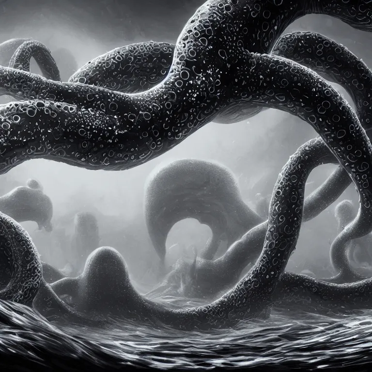 Image similar to black and white, returnal biome, sea enemies, extra teeth, tentacles, highly detailed, digital painting, artstation, concept art, sharp focus, illustration, unreal engine 5, 8 k