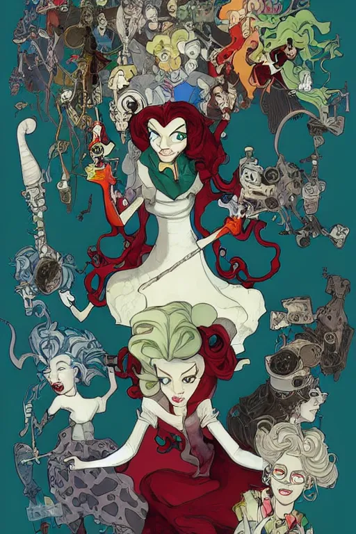 Prompt: portrait of crazy mad lady scientist, cruella devil, merida, olivier armstrong, elsa, elastigirl, vanellope von schweetz, flame princess, toph, garnet, mikasa ackerman, stylized illustration by peter mohrbacher, moebius, mucha, victo ngai, colorful comics style, clean line