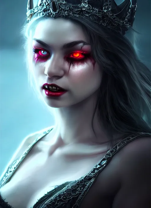 Image similar to beautiful full body portrait vampire queen highly detailed CGsociety subtle enchanting alluring blood magical concept art HDR hyper realistic volumetric lighting subsurface scattering unreal