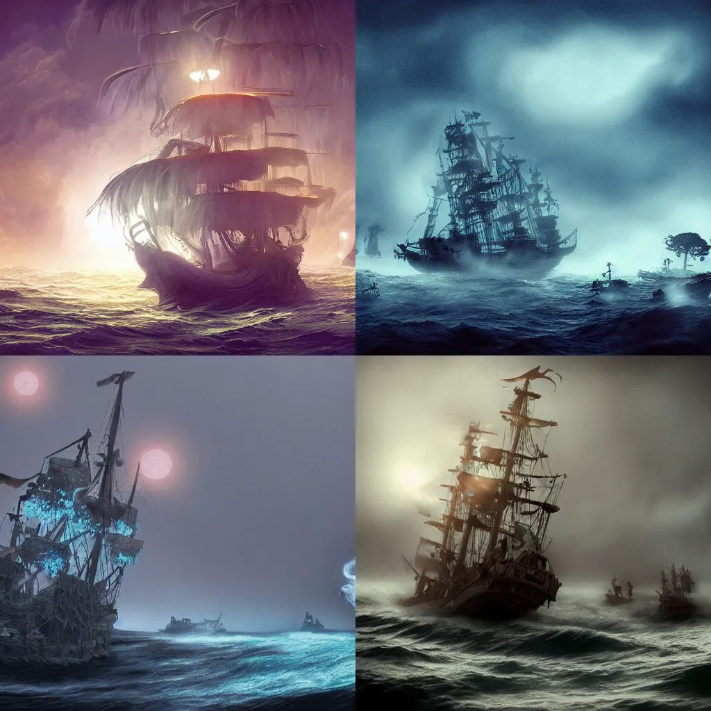 Prompt: an ephemeral ghost ship full of glowing ghost and skereton pirates engulfed in a thick fog, approaching an inhabited island in the Caribbean at night, an award-winning high-quality digital art, hyperrealistic