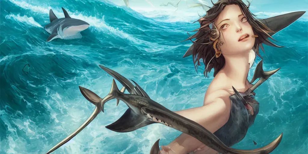 Prompt: close up of a extremely beautiful and aesthetic shark tooth girl holding a symmetrical trident on the horizon, perfect face, symmetric eyes, model pose, slightly smiling, sun set, big wave, big blade whale fighting against thorn sharks flying on the background, epic scene, fantasy illustrations, by peter mohrbacher and makoto shinkai and ferdinand knab
