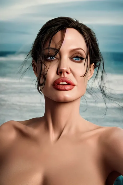 Prompt: close up headshot of angelina jolie as Nico Robin from One Piece standing on a beach, cosplay, photograph by Zhang Jingna