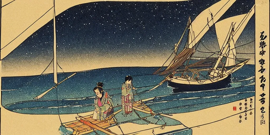 Prompt: ⛵ 🌉 🌌 ⛩. shin - hanga.