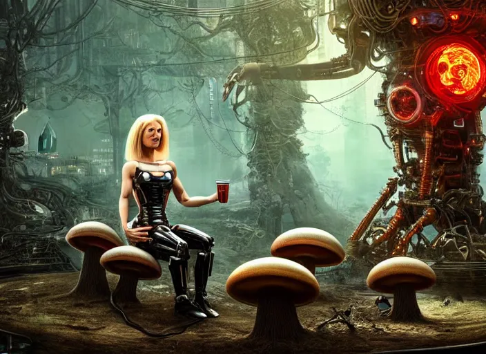 Prompt: photo of an intricate and sophisticated terminator woman with borg enhancements, blonde hair sitting on a giant mushroom in a weird magical mechanical forest and drinking a cup of tea. Very detailed 8k. Fantasy cyberpunk horror. Sharp. Very detailed facial complexion