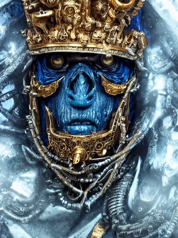 Image similar to portrait art of 8k ultra realistic undead eldritch horror blue space marine king, detailed ornate gold crown, detailed intricate ornate armour,decaying, cybernetic, full of colour, cinematic lighting, battered, trending on artstation, 4k, hyperrealistic, focused, extreme details,unreal engine 5, cinematic, masterpiece, art by ayami kojima, giger