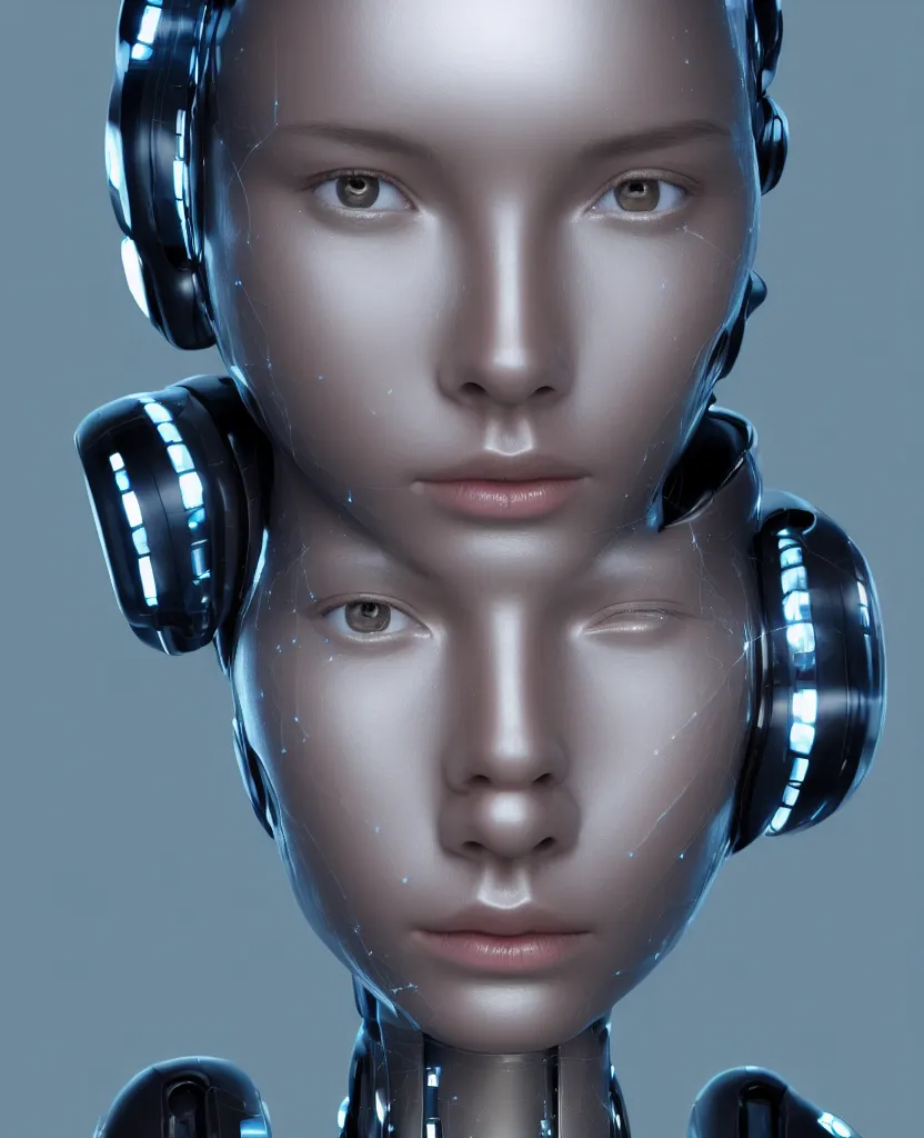 Image similar to close-up macro portrait of the face of a artificial intelligence robot girl of the future, epic angle and pose, symmetrical artwork, 3d with depth of field, blurred background, cybernetic machine female face, translucent, nautilus, energy flows of electric current, a highly detailed epic cinematic concept art CG render. made in Maya, Blender and Photoshop, octane render, excellent composition, cinematic dystopian brutalist atmosphere, dynamic dramatic cinematic lighting, aesthetic, very inspirational, arthouse, Greg Rutkowski, Ilya Kuvshinov, WLOP, Stanley Artgerm Lau, Ruan Jia and Fenghua Zhong