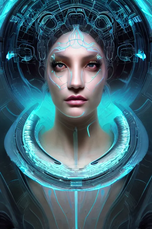 Image similar to a render of an ancient futuristic ethereal alluring goddess with digital modifications surrounded by a underwater ink pour and flowing liquid gallium and complex sacred geometry, powerful, cinematic, beautifully lit, perfect face, by beeple, by artgerm, by karol bak, 3 d, trending on cgsociety, octane render, zbrush central, 8 k