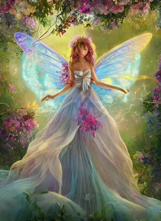 Prompt: breathtaking soft painting of a fairy princess with golden ribbons in an enchanted forest, volatile gauze dress and vibrant flowers floating around in a tumultuous sky, detailed symmetrical facial features, hyper detailed, volumetric lighting, concept art, matte, sharp focus, art by celestialfang, matchach, dustin panzino
