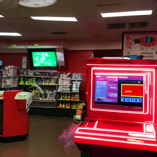 Image similar to Accidents, The Hulk working as a 7/11 cashier using a red laser scanner, cash register, red laser scanner, wide wide shot, very detailed, beautiful lighting, red laser, broken counter, broken, fire, smoke