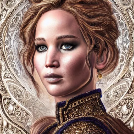 Image similar to An extremely ornate portrait of a Jennifer Lawrence, ultradetailed, intricate, elegant, digital art painting, smooth, sharp focus, magazine art cover illustration, regal, award winning picture, extremely detailed masterpiece, sense of awe, featured on Artstation, Artgerm, magic the gathering, mtg, D&D, dungeons and dragons,8K detail post-processing.