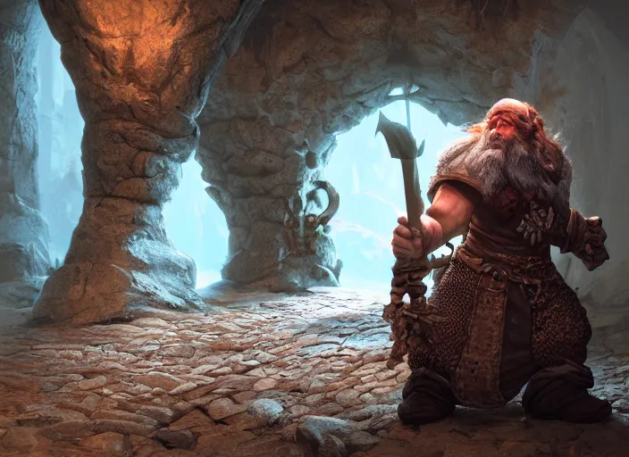 Prompt: Beautiful art portrait of a male fantasy dwarf in a dark cave structure with epic pillar, unreal 5, DAZ, hyperrealistic, octane render, dungeons and dragons, dynamic lighting, vray
