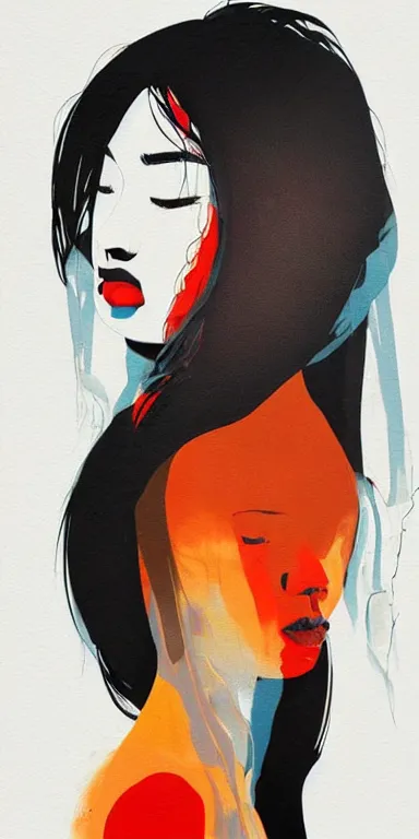 Image similar to minimal abstract painting, candid portrait of a very very beautiful! young filipino woman with very narrow face, closed eyes and flowing long hair, blowing smoke from her mouth, surrounded by thick swirling smoke, face is obscured, by conrad roset, long brush strokes, dramatic lighting, trending on artstation