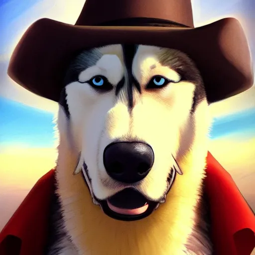 Image similar to a portrait painting of a husky in cowboy costume, wearing a cowboy hat, by studio ghibli, in the style of anime, humanoid, personify, anthropomorphic, trending on artstation