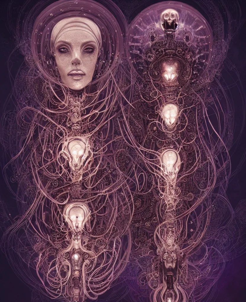 Prompt: queen of death. intricate portrait, occult cyberpunk, ancient futuristic, dark art, occult. intricate biomechanical, bioluminescent halo around head, mandala ornament, cybernetic glowing jellyfish, tentacles, by Petros Afshar, by artgerm, by Eddie Mendoza, by Peter mohrbacher by tooth wu, unreal engine, octane render, cinematic light, high details, iridescent colors