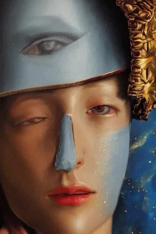 Image similar to hyperrealism oil painting, close - up portrait of caucasian medieval fashion model, knight, steel gradient mixed with nebula sky, in style of baroque mixed with 7 0 s japan book art