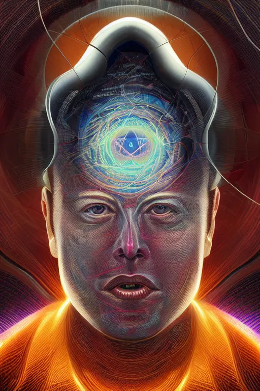 Prompt: cinematic portrait of Elon Musk. Centered, uncut, unzoom, symmetry. charachter illustration. Dmt entity manifestation. Surreal render, ultra realistic, zenith view. Made by hakan hisim feat cameron gray and alex grey. Polished. Inspired by patricio clarey, heidi taillefer scifi painter glenn brown. Slightly Decorated with Sacred geometry and fractals. Extremely ornated. artstation, cgsociety, unreal engine, ray tracing, detailed illustration, hd, 4k, digital art, overdetailed art. Intricate omnious visionary concept art, shamanic arts ayahuasca trip illustration. Extremely psychedelic. Dslr, tiltshift, dof.  64megapixel. complementing colors. Remixed  by lyzergium.art feat binx.ly and machine.delusions. zerg aesthetics. Trending on artstation, deviantart