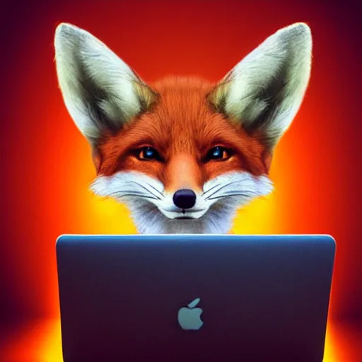 Prompt: portraite of a cute fox sitting in front of laptop, by artgerm, andrei riabovitchev, vivid colors, orange glow