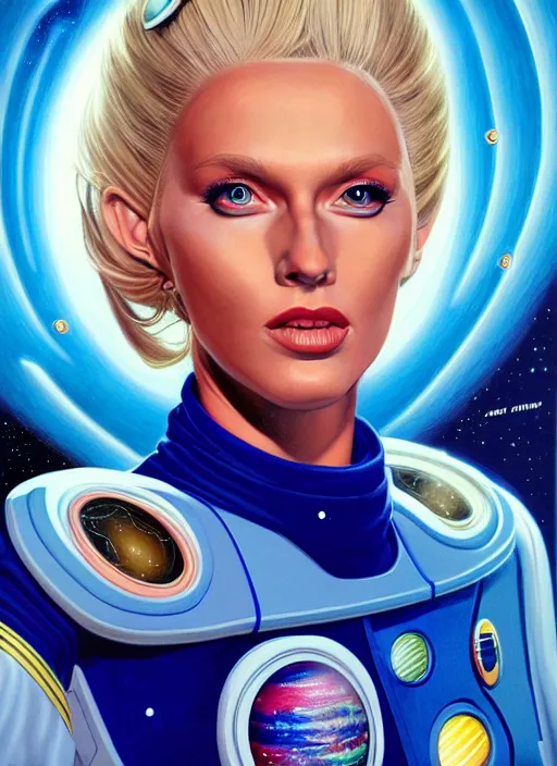 Image similar to portrait of a blonde alien plejaren woman inside a spaceship wearing a space uniform, beautiful face, hyper realistic, highly detailed digital painting by earl norem, artstation illustration co