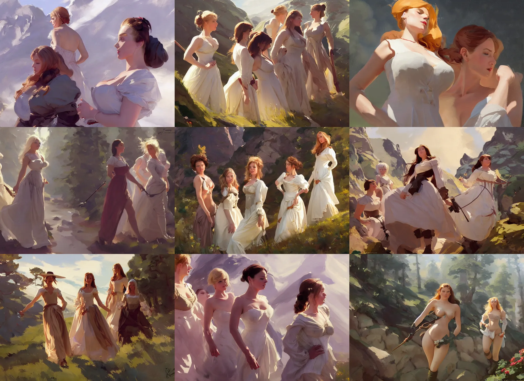 Image similar to five of beautiful finnish norwegian swedish scandinavian attractive glamour models wearing 1 7 th century bodice with low neckline walking in the mountains in a sunny day, jodhpurs greg manchess painting by sargent and leyendecker, studio ghibli fantasy close - up shot asymmetrical intricate elegant matte painting illustration hearthstone, by greg rutkowski by greg tocchini by james gilleard