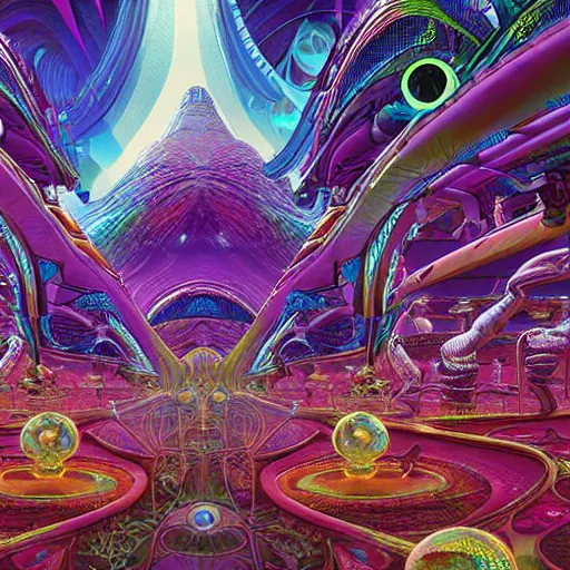 Image similar to alien panoramic village city rave hyper realism octane render airbush art nouveau intricate details by arthur adams, alex grey, lisa frank, syd mead, victo nagi