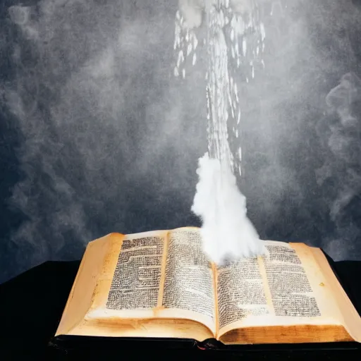 Prompt: studio photography of bible with a geyser of water bursting out of it