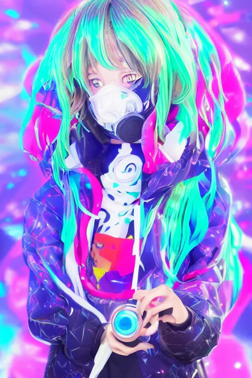 Image similar to portrait of a 3d anime character with cute eyes wearing a psychedelic holographic hoodie kawaii deco fashion, long hair with pastel colors, wearing a cute gas face mask in the style of code vein by Kurumi Kobayashi Koichi Itakura, 3d anime, octane render, dynamic lighting, with glitch and chromatic abbreviations, artstation, cgsociety, imaginefx, by anime concept artist, rendered in unreal engine, WENJR, WLOP, artgerm